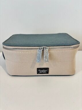 JEAN PAUL GAULTIER make up bag cosmetic case DOP bag dual zipper cream blue NEW
